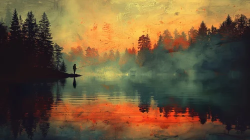 Tranquil Landscape Painting with Man Fishing in Lake