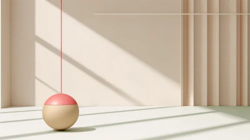 Wooden Ball and Red Thread on Beige Background