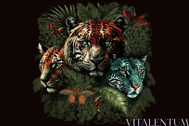 Captivating Tigers in a Lush Jungle - Realistic Chiaroscuro Illustration AI Image