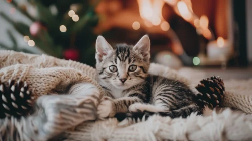 Cozy Christmas Kitten by the Fireplace