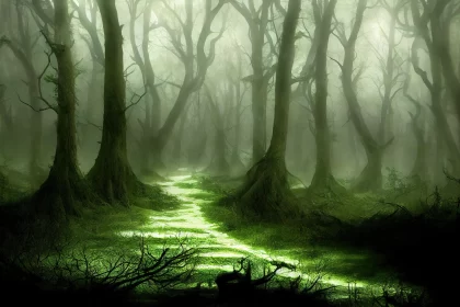 Enchanting Green Trail in a Mysterious Dark Forest | Dark Fantasy Art