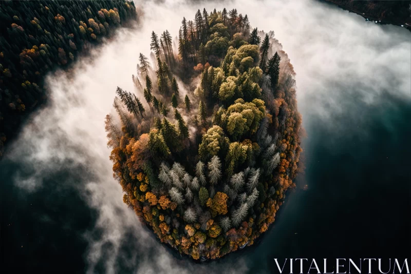 Mist-Covered Forest Island: A Captivating Aerial Photograph AI Image