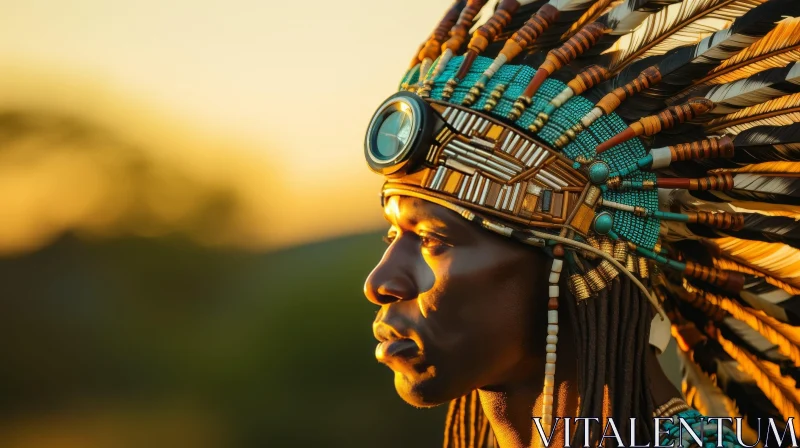 Native American Man in Traditional Headdress at Sunset AI Image