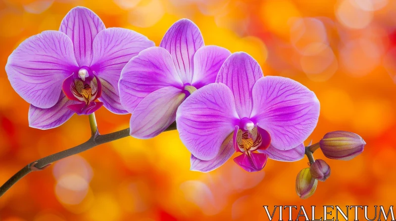AI ART Purple Orchids Branch on Orange Blurred Background