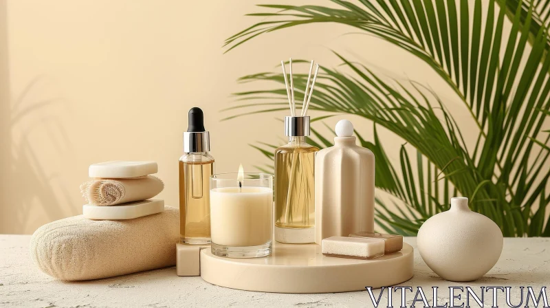 Tranquil Spa Products Arrangement on Beige Background AI Image