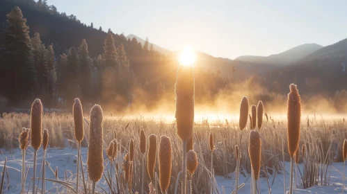 Winter Landscape with Frozen Lake and Cattails