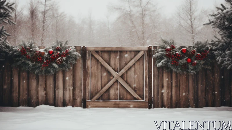 AI ART Winter Wonderland: Rustic Wooden Gate in Snowy Landscape