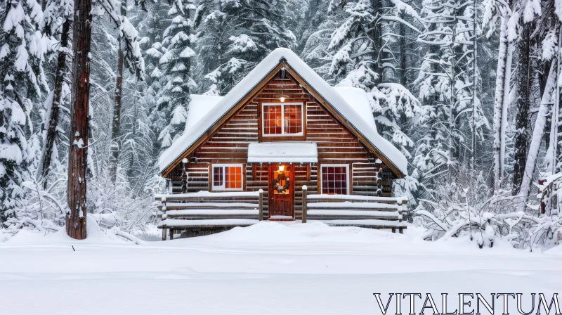 Cozy Wooden Cabin in Snowy Forest AI Image