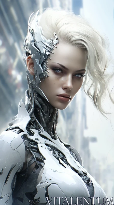 Futuristic Cyborg Woman Portrait in Cityscape AI Image