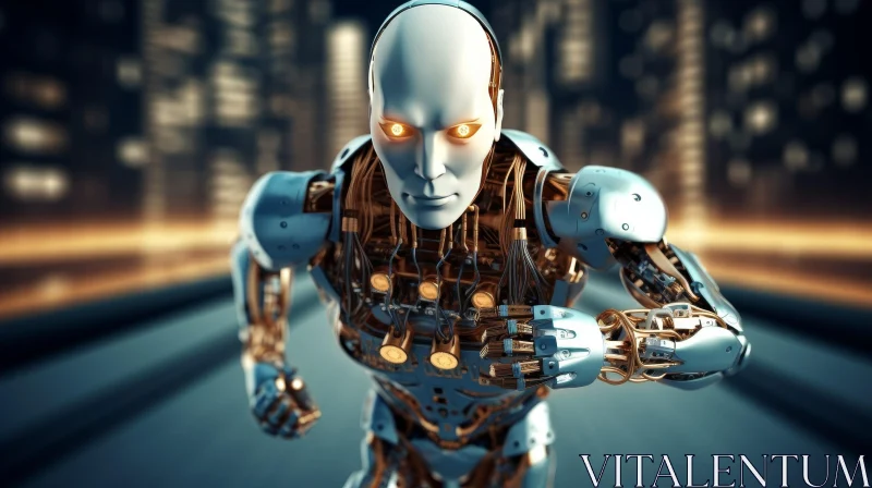 Futuristic Robot Running in City Scene AI Image