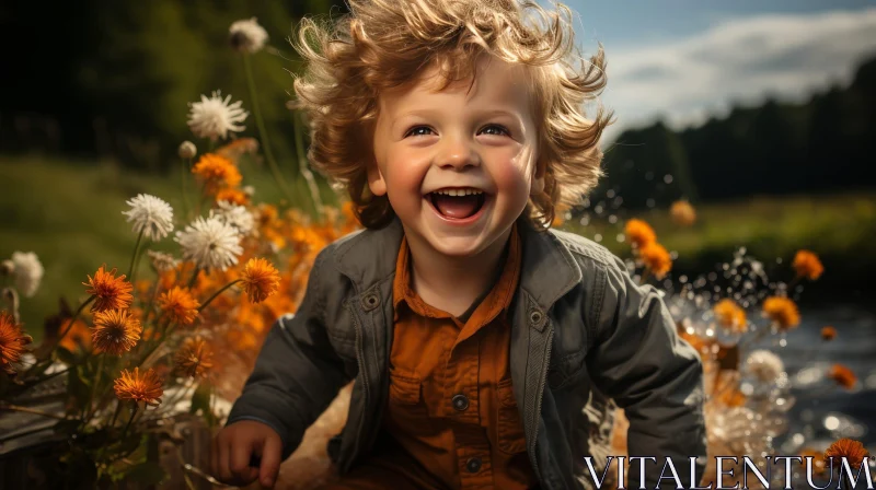 Joyful Boy in Flower Field | Smiling Child Portrait AI Image