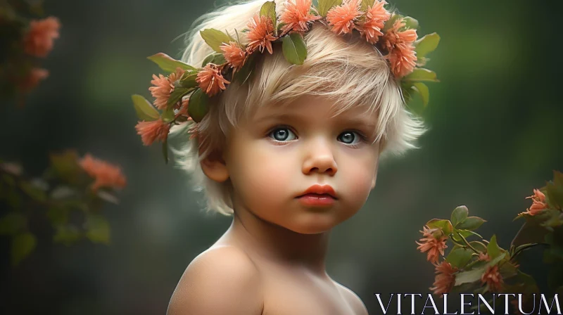 Serious Young Boy Portrait with Pink Flowers AI Image