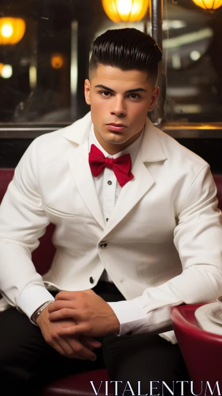 Serious Young Man in White Suit at Restaurant AI Image