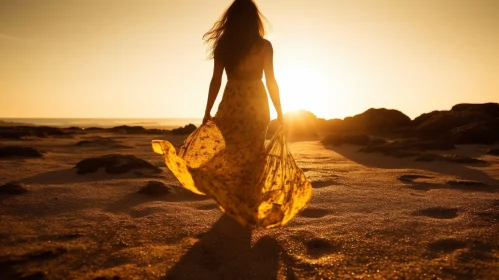 Woman in Yellow Dress Walking on Beach at Sunset