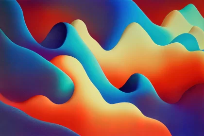 Abstract Artwork: Red, Orange, and Blue Shapes in Surreal 3D Landscapes