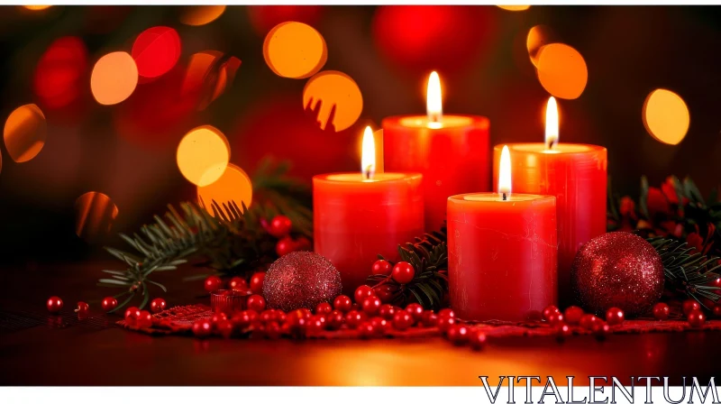 Christmas Still Life with Red Candles and Holly Berries AI Image