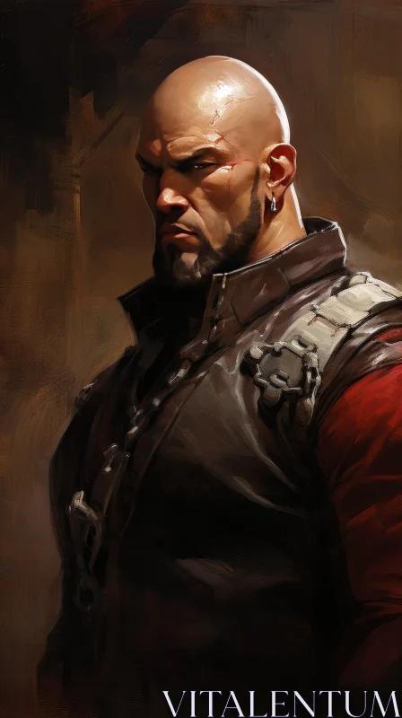 Serious Bald Man Portrait in Leather Jacket AI Image