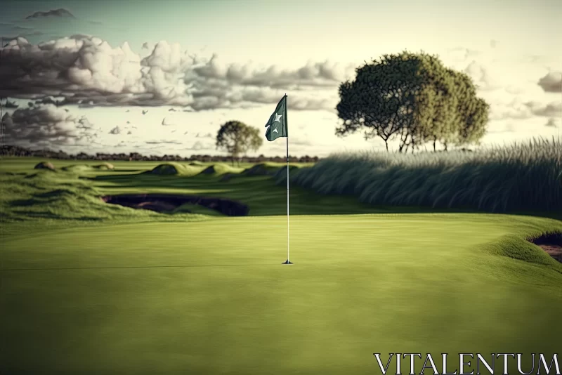 Tranquil Golf Course with Green Flag | Tonalist Artwork AI Image