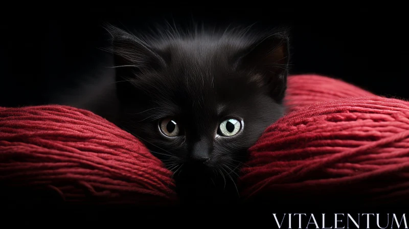 AI ART Adorable Black Kitten with Red Yarn - Studio Portrait
