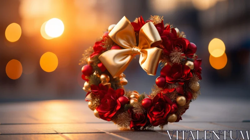 Christmas Wreath with Red Roses and Gold Ornaments AI Image