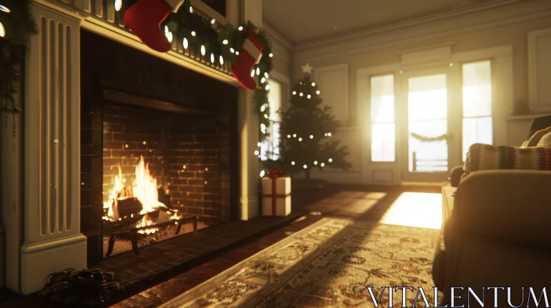 Festive Living Room Decor with Christmas Tree and Fireplace AI Image