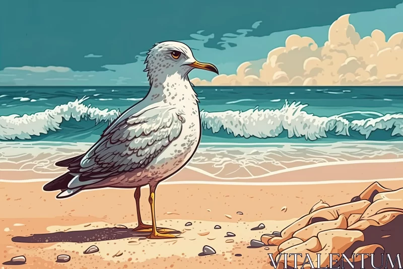 Illustration of a Seagull on a Sandy Beach | Flat Shading AI Image