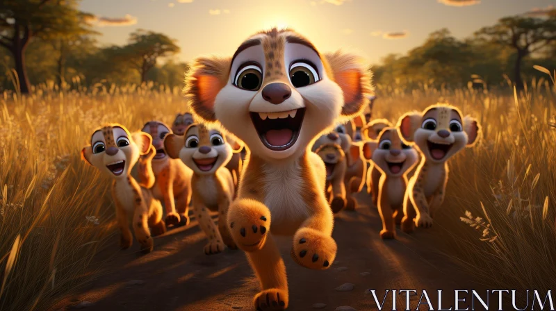 Playful Cartoon Lion Cubs Running in Grassy Field at Sunset AI Image