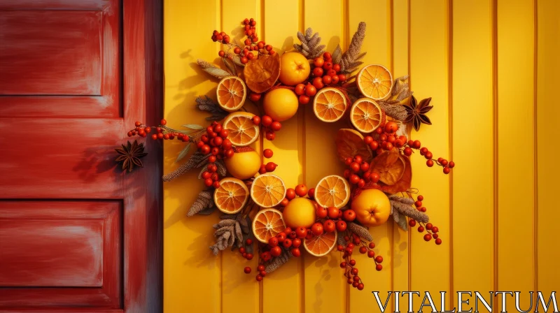 Rustic Wreath on Yellow Wooden Door AI Image
