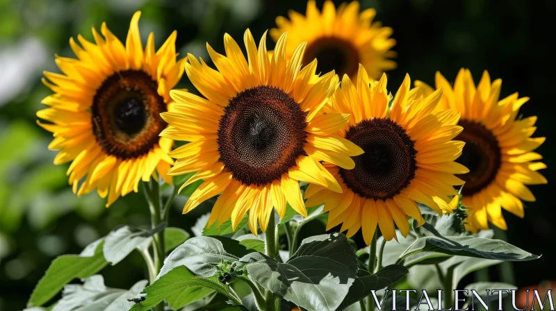 Sunflowers Bloom Against Green Foliage AI Image