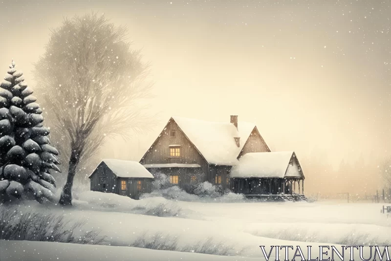 Winter Scene with House and Trees in Soft Dreamy Atmosphere AI Image