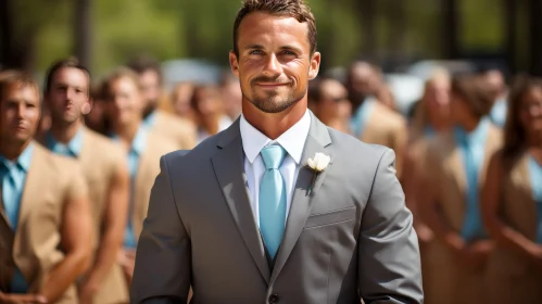 Young Man in Gray Suit at Wedding