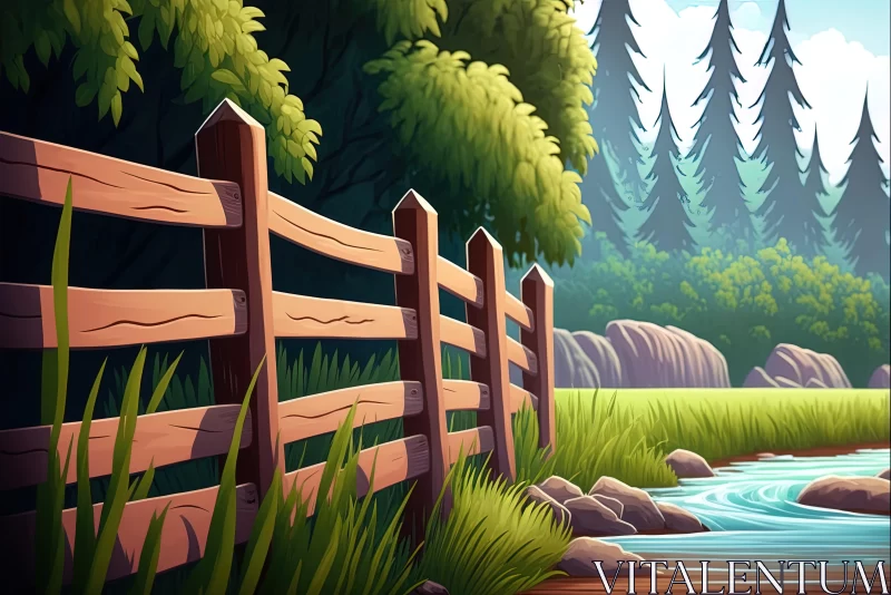 Captivating Cartoon Scene with Wooden Fence and Stream | Sublime Wilderness AI Image