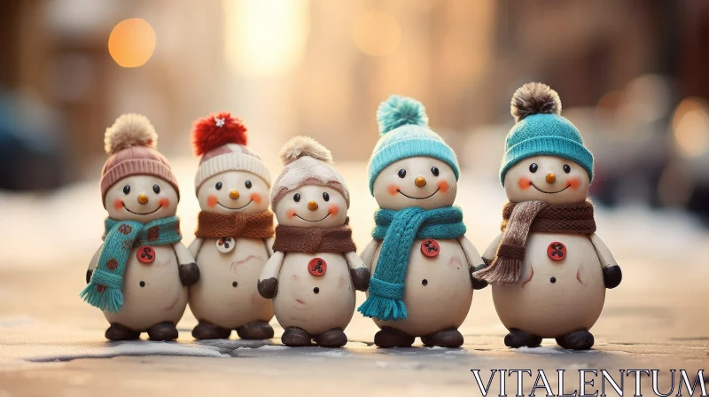 Charming Ceramic Snowmen in City Setting AI Image