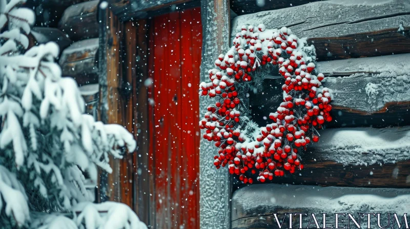 AI ART Christmas Wreath on Wooden Door - Festive Holiday Decor