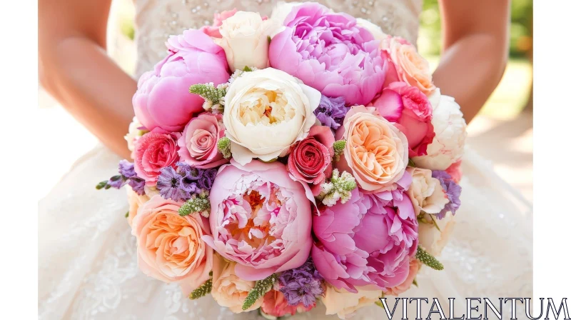 Elegant Bride with Pink and White Flower Bouquet AI Image