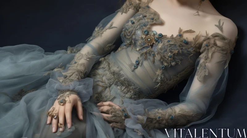 AI ART Elegant Woman in Light Blue Embroidered Dress
