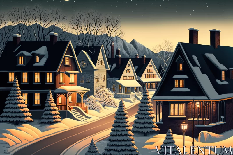 Enchanting Vintage Illustrations of Snow-Covered Houses on a Street AI Image