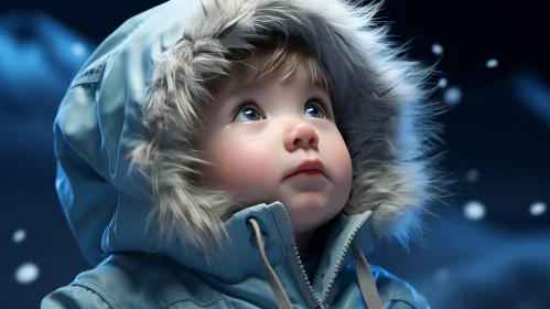 Curious Baby in Blue Winter Coat | Night Sky Snow Scene