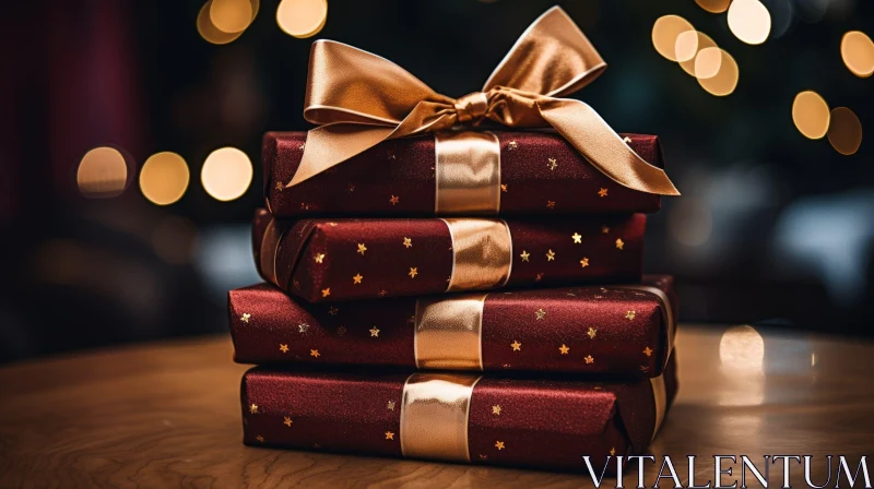 Elegant Gift Boxes with Gold Ribbon | Festive Bokeh Background AI Image