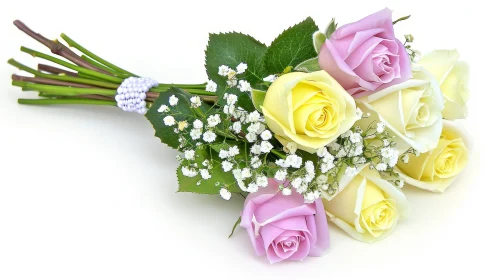 Exquisite Pink and Yellow Rose Bouquet with Pearl Necklace
