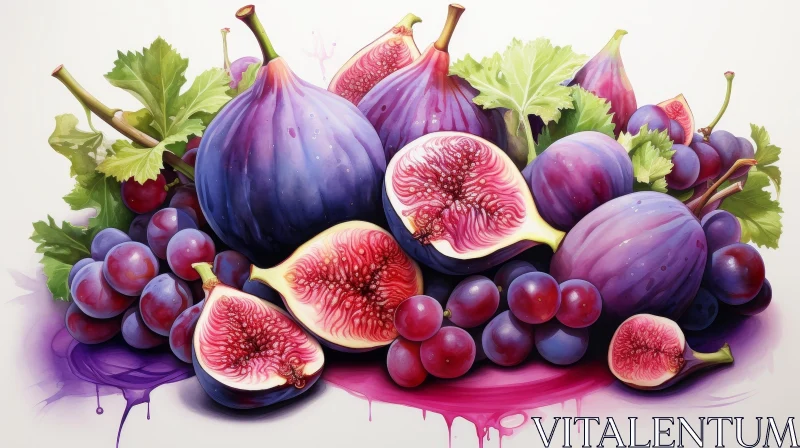 Exquisite Watercolor Still Life of Figs and Grapes AI Image