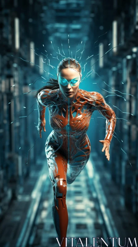 Futuristic Female Cyborg Running in Cityscape AI Image
