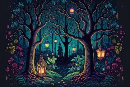 Neon Forest with Lanterns - Hyper-Detailed Illustration
