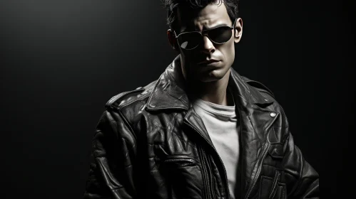 Serious Man in Black Leather Jacket and Sunglasses
