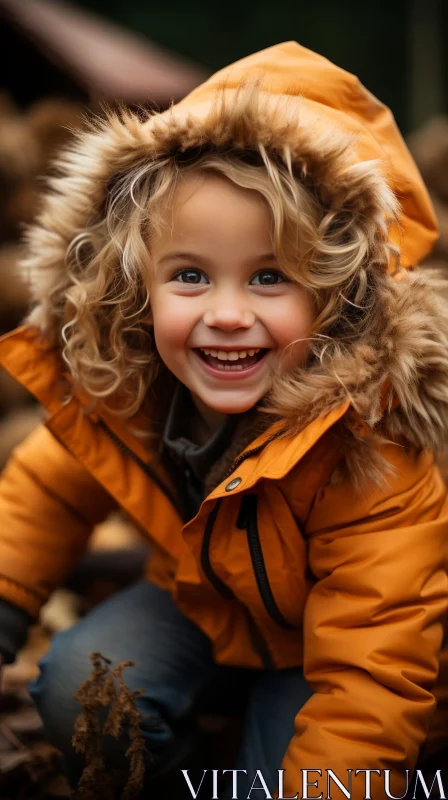 Cheerful Little Girl in Orange Jacket | Forest Scene AI Image