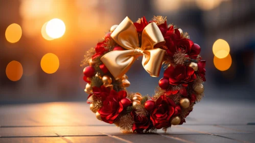 Christmas Wreath with Red Roses and Gold Ornaments