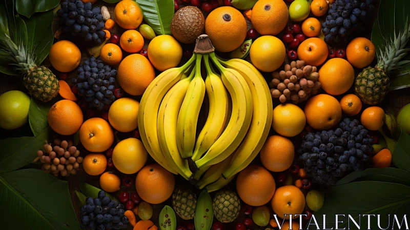 AI ART Colorful Tropical Fruits Arrangement on Dark Green Background
