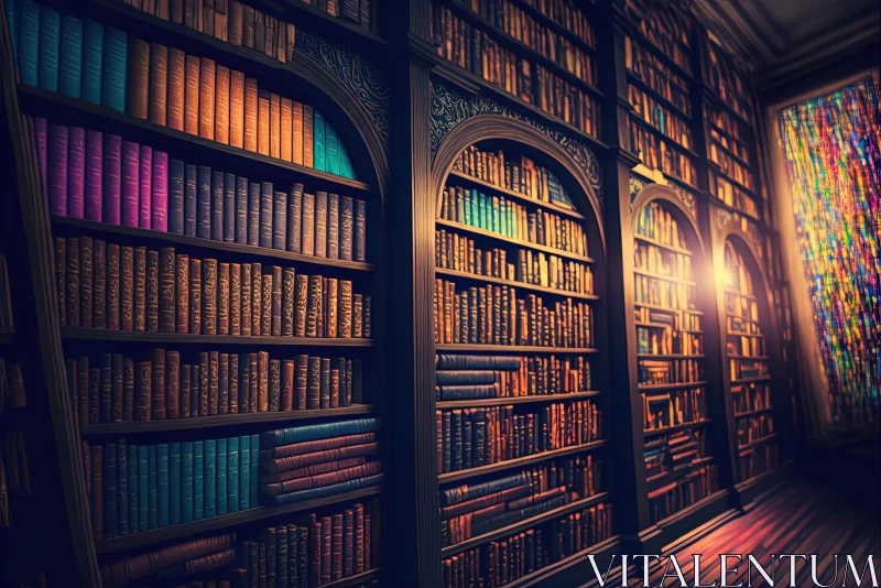 Enchanting Vintage Library: Dark Amber and Cyan | Detailed Architectural Scenes AI Image