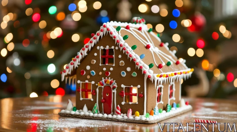 Festive Gingerbread House with Christmas Tree Background AI Image