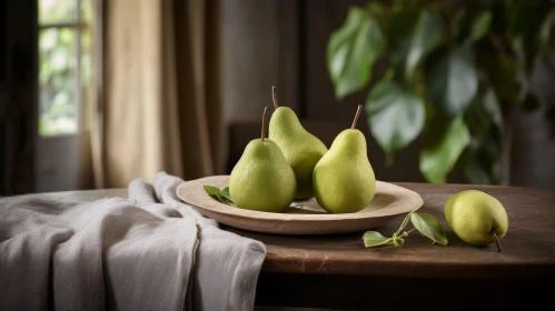 Green Pears Still Life on Wooden Table